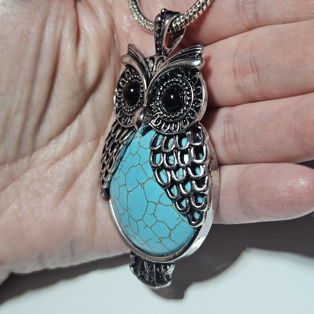 Silver Tone Large Blue Turquoise Owl Pendant Necklace 30" Chain - Picture 3 of 14